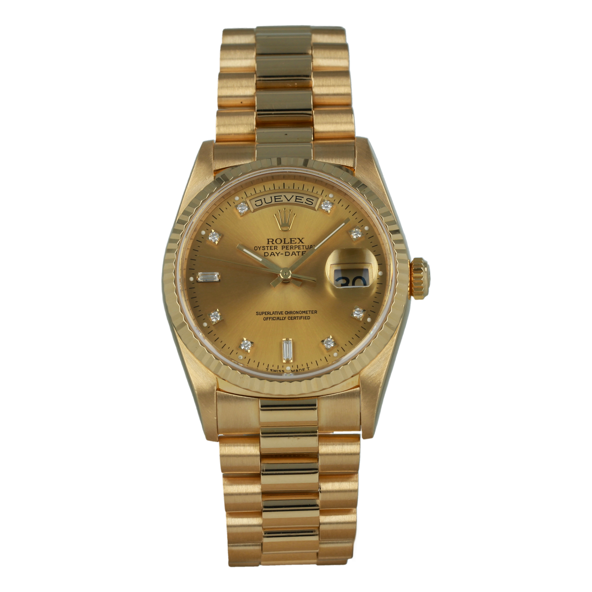 Rolex Day-Date 18238 36mm Oro Amarillo Esfera Champán con Diamantes (1994) | Comprar reloj Rolex de segunda mano